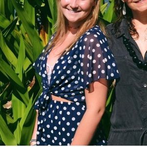 Show Me Your Mumu blue polka dot romper with tie front. Size medium!